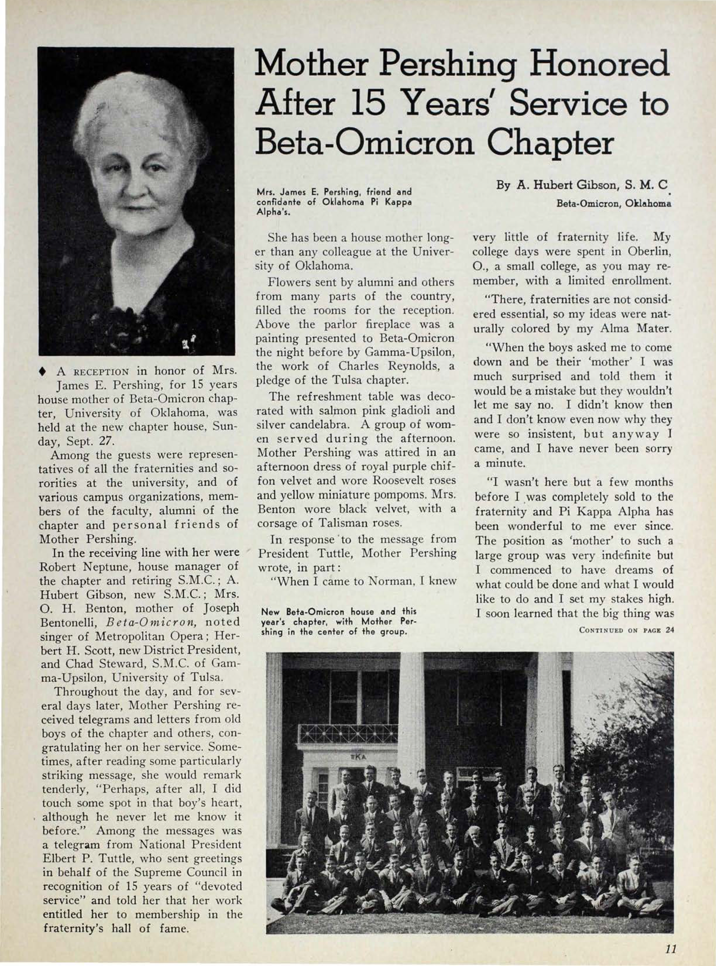 Mother Pershing Honored After 15 Years' Services To Beta-Omicron Chapter